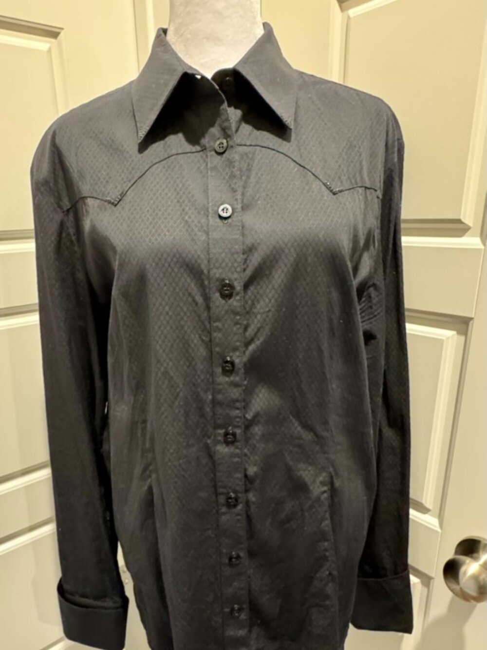 CR Ranchwear Women Black Western Button Down Black Rhinestone Shirt L USA